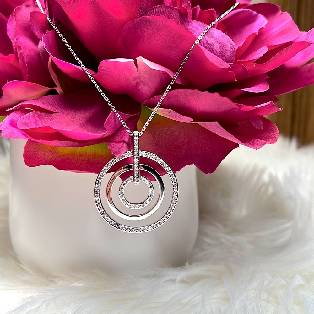 Sparkling Swarovski Triple Gradient Circle Trinity Silver Round Pendant Necklace